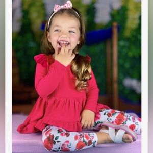 Girls' Red Ruffle Dress with Floral Leggings
